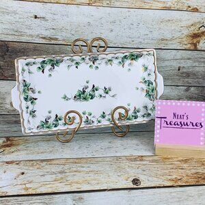 Burton & Burton For Fib Gold Trim Red Berries Green Gray Leaves Rectangle Tray